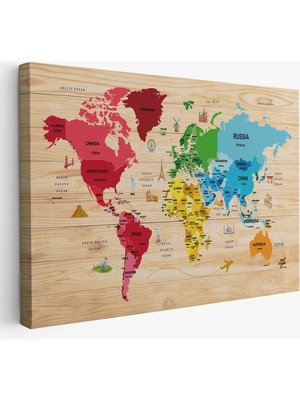 Ahşap Görünümlü Dünya Haritası Dekoratif Kanvas Tablo 2107