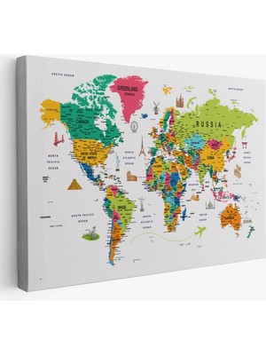 Dünya Haritası Son Derece Ayrıntılı Eğitici ve Sembollü Dekoratif Kanvas Tablo 3215