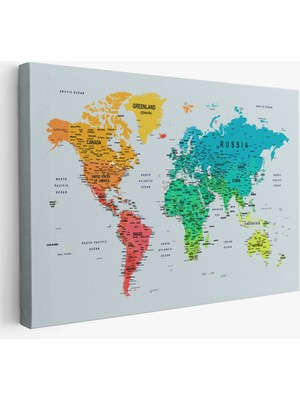 Detaylı Dünya Haritası Dekoratif Renkli Zeminli Kanvas Tablo 1710