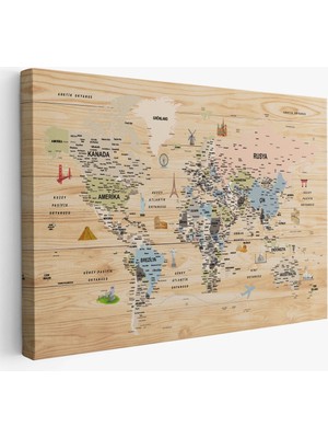 Ahşap Görünümlü Türkçe Dünya Haritası Sembollü Eğitici Kanvas Tablo 2923