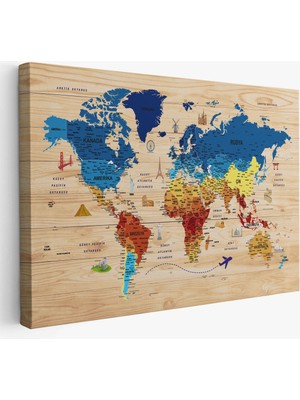 Ahşap Görünümlü Türkçe Dünya Haritası Sembollü Eğitici Dekoratif Kanvas Tablo 2891
