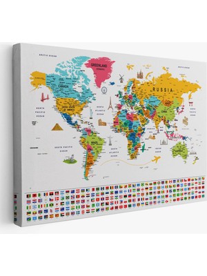 Dünya Haritası Ayrıntılı Eğitici Sembollü Bayraklı Dekoratif Kanvas Tablo 2867