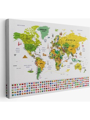 Dünya Haritası Ayrıntılı Eğitici Sembollü Bayraklı Dekoratif Kanvas Tablo 2875