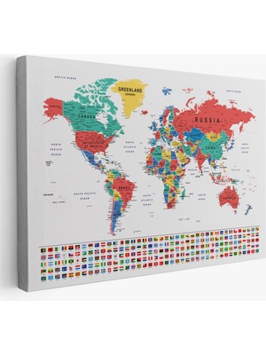 Dünya Haritası Son Derece Ayrıntılı Eğitici ve Bayraklı Kanvas Tablo 2794