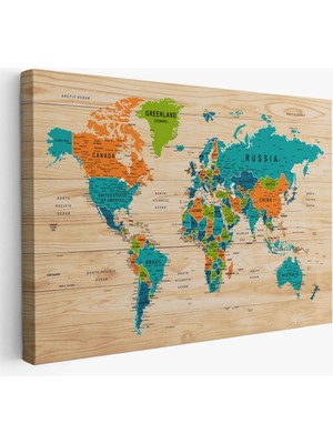 Ahşap Görünümlü Dünya Haritası Ayrıntılı ve Dekoratif Kanvas Tablo 1801