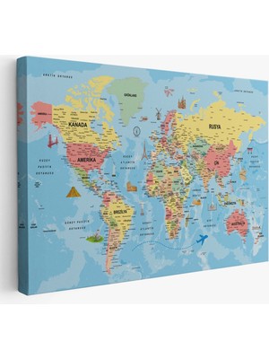 Türkçe Dünya Haritası Kanvas Tablo Son Derece Detaylı ve DEKORATIF-2018