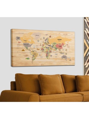 Ahşap Görünümlü Dünya Haritası Dekoratif Kanvas Tablo 2083