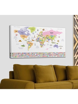 Türkçe Dünya Haritası Ülke Bayrak ve Başkentli Kanvas Tablo 1924