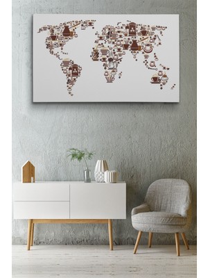 Kahve Coffee Temalı Dünya Haritası Dekoratif Kanvas Tablo 1087