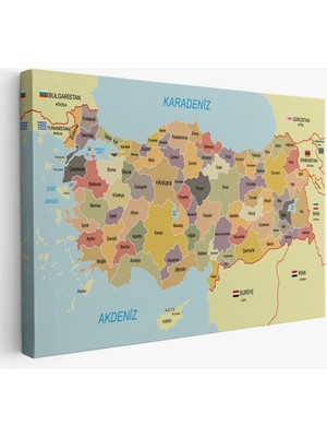 Türkiye Haritası Kanvas Tablo Sınır Komşulu Eğitici Dekoratif Tablo 3098