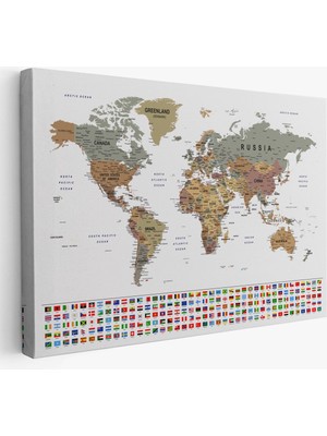 Dünya Haritası Son Derece Ayrıntılı Eğitici ve Bayraklı Dekoratif Kanvas TABLO2808