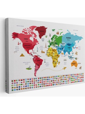 Dünya Haritası Ülke Bayraklı ve Başkentli Kanvas Tablo 1959
