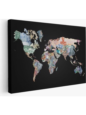 Para Desenli Kanvas Dünya Haritası Kanvas Tablo 1012