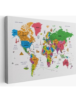 Türkçe Dünya Haritası Son Derece Ayrıntılı Eğitici ve Sembollü Kanvas Tablo 3172