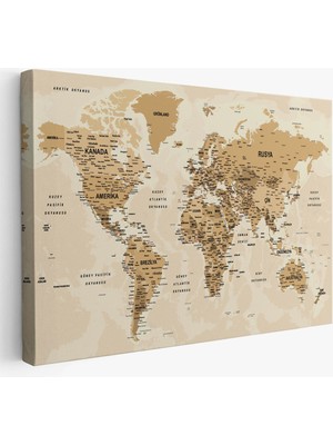 Türkçe Dünya Haritası Son Derece Ayrıntılı Eğitici Okyanuslu Kanvas Tablo 2544