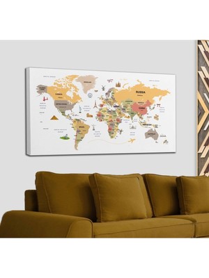 Dünya Haritası Dekoratif Kanvas Tablo Ülke ve Başkentli Öğretici ve Sembollü 2303