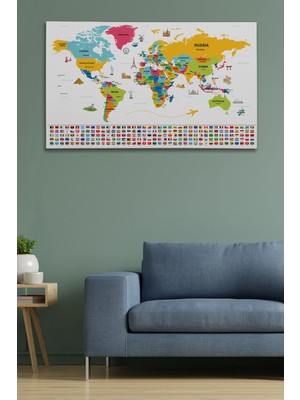 Dünya Haritası Ülke Bayraklı ve Başkentli Kanvas Tablo 1949