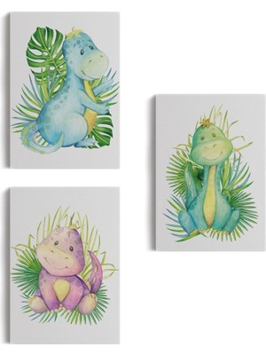 3’lü Tablo Sevimli Dinozor Dekoratif Duvar Tablo Seti-Bz-50