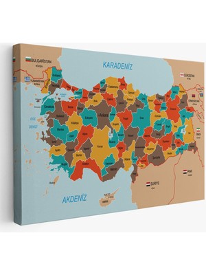 Türkiye Haritası Kanvas Tablo Sınır Komşulu Eğitici Dekoratif Tablo 3094