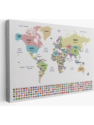 Türkçe Dünya Haritası Kanvas Tablo Ülke Bayraklı ve Dekoratif 2384