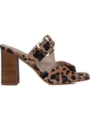 Trend Adımlar Krem Leopar Süet Desenli Kadın Topuklu Terlik