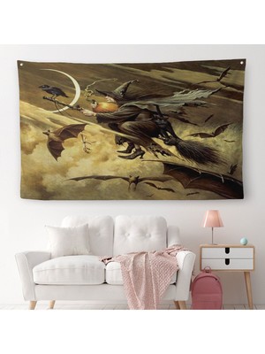 Süpürge Ile Uçan Cadı ve Kedisi Cadılar Bayramı Helloven Duvar Örtüsü-Halısı -6559