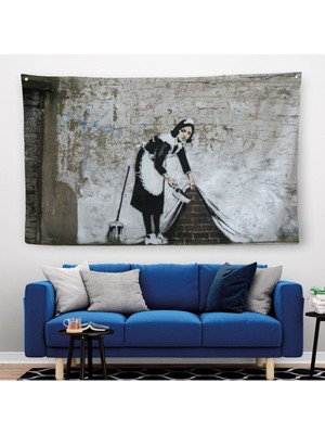 Banksy'nin Londra Sokaklarını Süpüren Temizlikçi Kadın Kanvas Duvar ÖRTÜSÜ-HALISI-5004