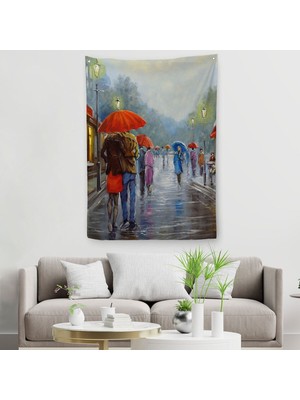 Yağmurda Yürüyen Romantik Çift Yağlıboya Görünüm Dekoratif Duvar Örtüsü - HALISI-5943
