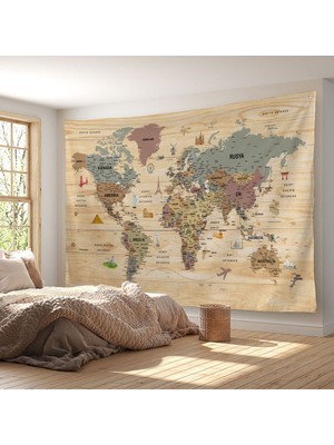 Duvar Örtüsü / Halısı Güncel Türkçe Dünya Haritası Ahşap GÖRÜNÜMLÜ-3984