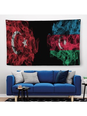 Türkiye Azerbaycan Bayrak Desenli Dekoratif Kanvas Duvar ÖRTÜSÜ-HALISI-6518