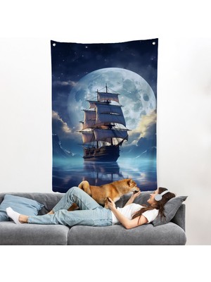 Gece Denizdeki Yelkenli Duvar ÖRTÜSÜ-7933