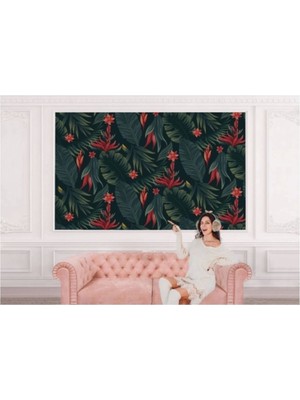 Kırmızı Çiçekli Tropical Ağaç Yaprakları Duvar KAĞIDI-5634