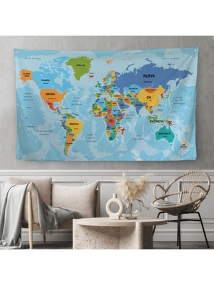 Türkçe Eğitici Ülke ve Başkent Detaylı Atlası Dünya Haritası Duvar Örtüsü-Halısı 3831