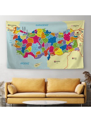 Eğitici ve Öğretici Detaylı Dekoratif Komşulu Türkiye Haritası Duvar Örtüsü-Halısı 3845