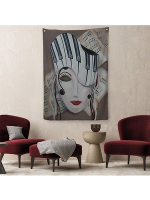 Müzik Notaları ve Kadın Sürreal Duvar ÖRTÜSÜ-HALISI-6489