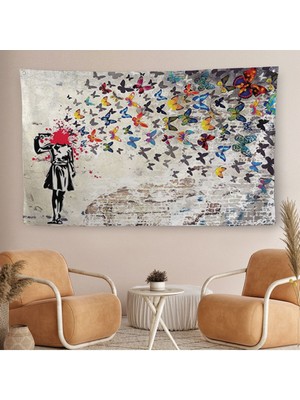 banksy kelebek kanvas duvar örtüsü-halısı, kelebek kız  duvar örtüsü-halısı-5389