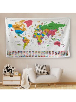 Duvar Örtüsü Bayrak Detaylı Türkçe Güncel Dünya Haritası Kanvas Duvar HALISI-4052
