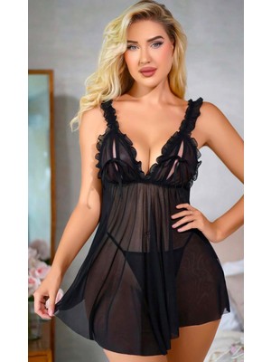 Mulvxbrf BRF02 Siyah Fırfırlı Göğüs Dekolteli Transparan  Tül Gecelik (Mulvix)