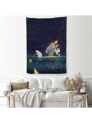Yıldız Toplayan Kız ve Kedi Dekoratif Duvar Örtüsü - HALISI-6129
