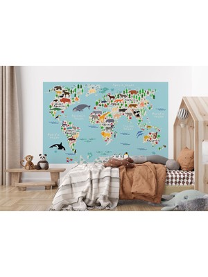 Eğitici Dünya Haritası Dünya Atlası Çocuk ve Bebek Odası Duvar KAĞIDI-3771