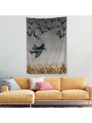 Tarla Farelerinin Üstünden Yarasaların Yardımı ile Uçan Kara Kedi Duvar Örtüsü - HALISI-6081