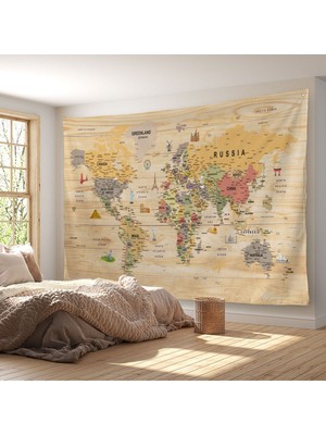 Duvar Örtüsü / Halısı Güncel Ingilizce Pastel Dünya Haritası Ahşap GÖRÜNÜMLÜ-3983