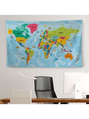 Duvar Örtüsü Detaylı Türkçe Güncel Dünya Haritası Kanvas Duvar HALISI-4050