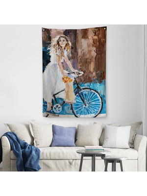 Bisiklete Binen Beyaz Elbiseli Kız Duvar Örtüsü - HALISI-6007