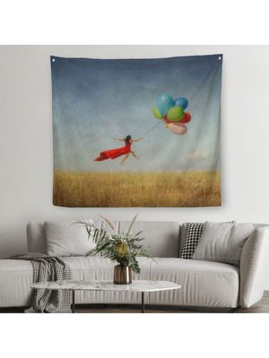 Renkli Balonlarla Uçan Kız Kanvas Duvar ÖRTÜSÜ-HALISI-5855