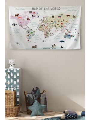 Duvar Örtüsü Çocuk Odası Dünya Haritası Kaliteli Kanvas Duvar HALISI-4043