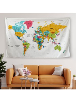 Türkçe Eğitici Ülke ve Başkent Detaylı Atlası Dünya Haritası Duvar Örtüsü-Halısı 3851