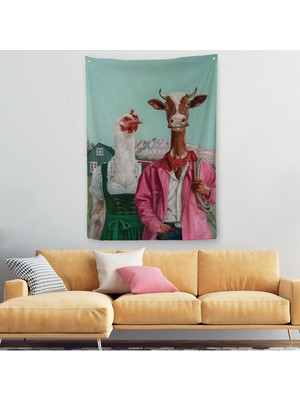 Tavuk ve Inek Amerikan Gotik Komik Çiftlik Duvar ÖRTÜSÜ-HALISI-6349