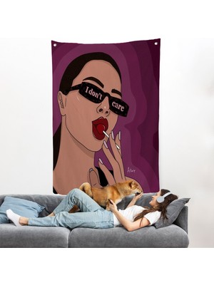 I Don't Care - Umrumda Değil Yazan Pop Art Kadın Duvar ÖRTÜSÜ-7681