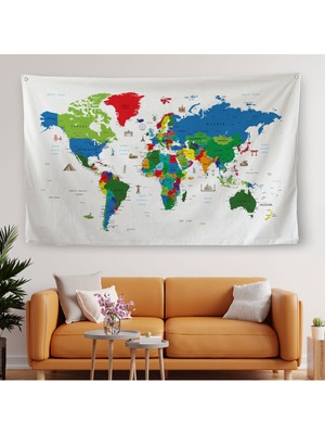 Ünlü Yerler Sembollü Kanvas Dünya Haritası 1002